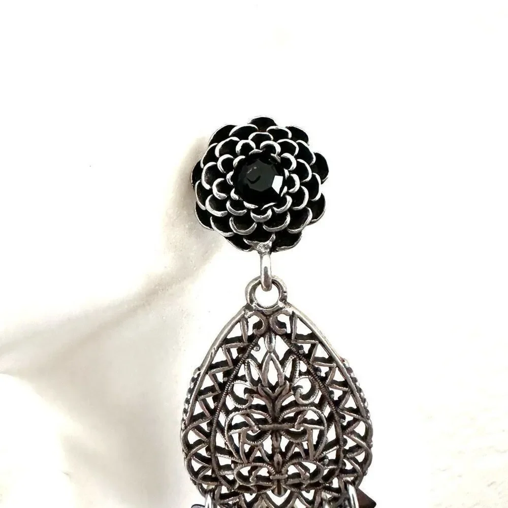 Chico’s   silver tone teardrop  black  drop earrings